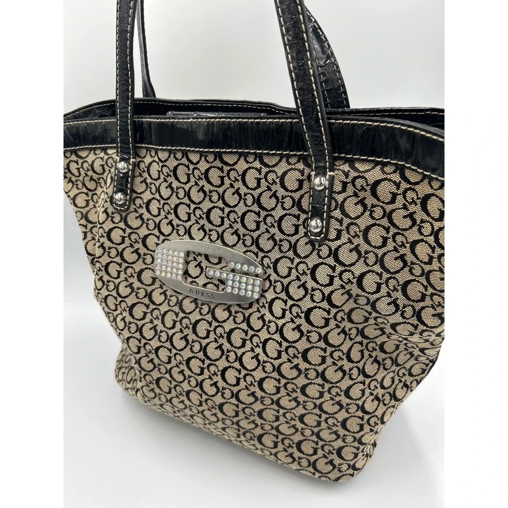 Guess Monogram Tote Bag Black Tan Canvas Rhinestone G Logo‎ Y2K Purse